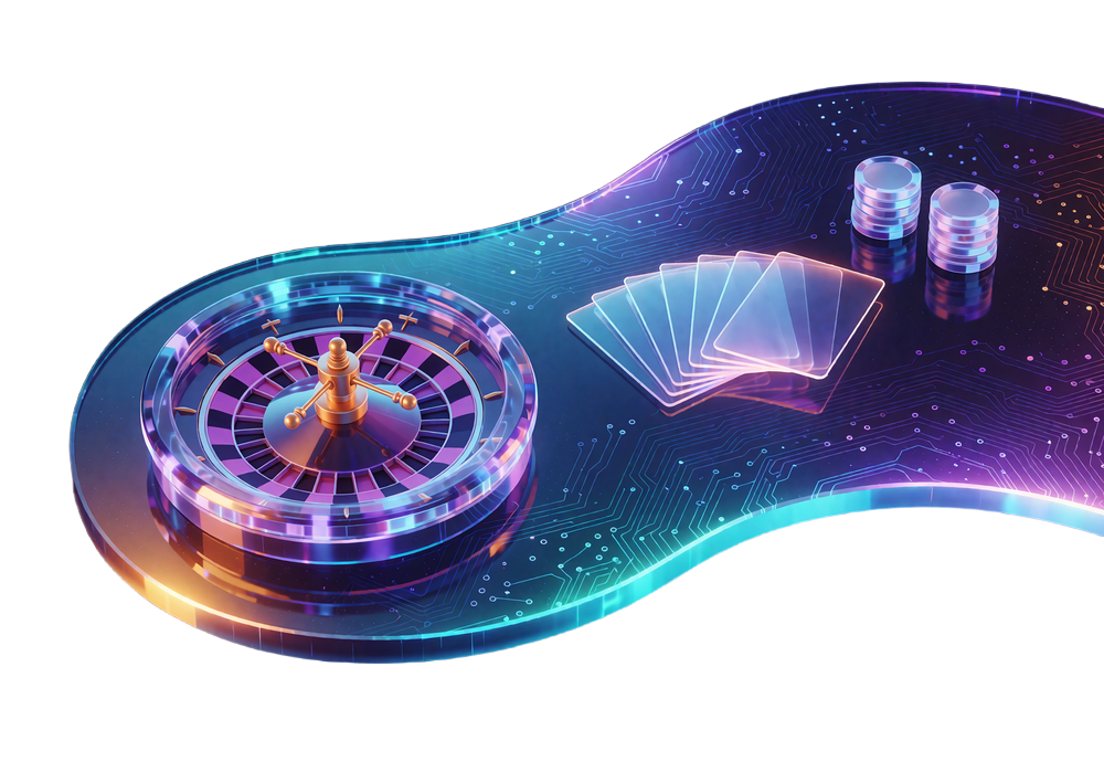 Sv&aelig;vende holografisk bord af m&oslash;rkt glas med roulettehjul og spillekort - live casino fra Evolution hos Winna