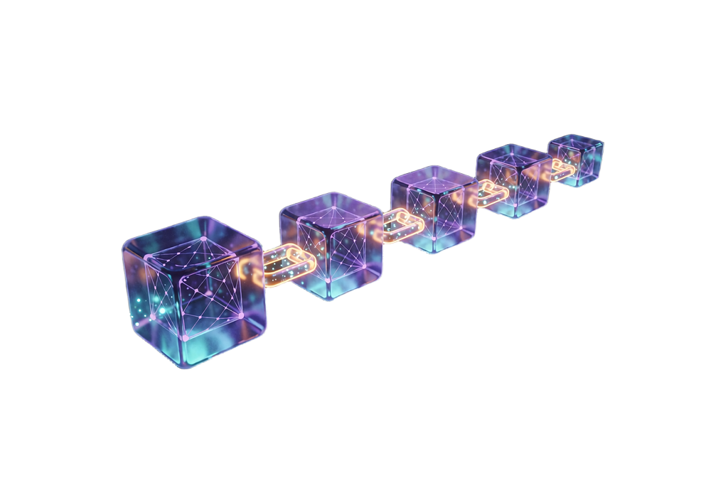 K&aelig;de af fem glasterninger forbundet med amberled - Winnas crypto-first opbygning siden 2024
