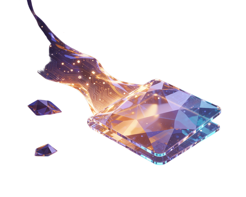 Glasplade formet som en wallet med et b&aring;nd af amberlys og sm&aring; partikler - kun krypto hos Winna